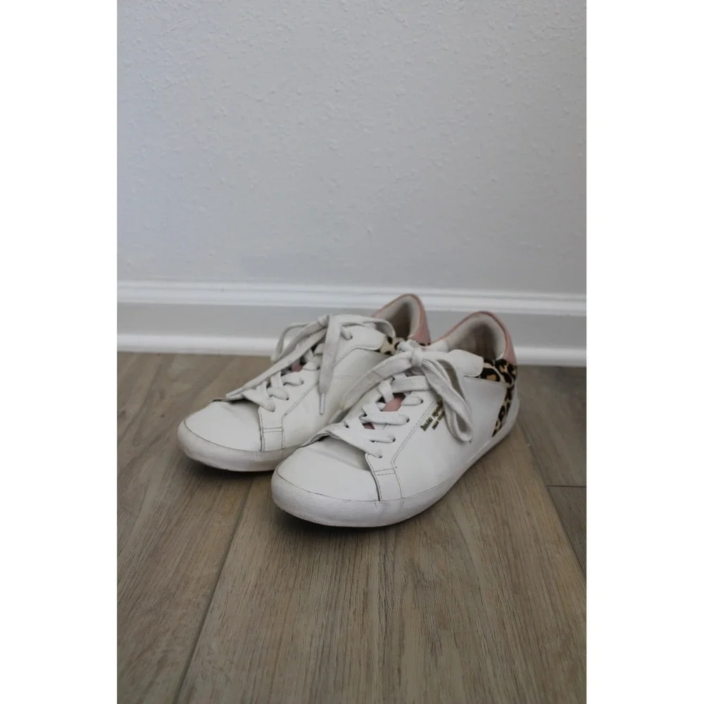 Kate Spade White Leather‎ Leopard Calf Hair Pink Trim Low Top Sneakers Size 8.5